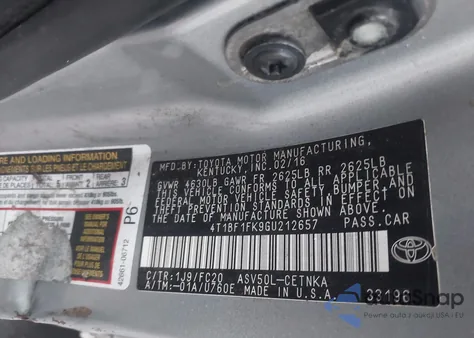 2016 Toyota Camry Le from USA, damaged, VIN 4T1BF1FK9GU212657